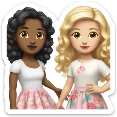  one  girl with short straight black hair and pale skin with white shirt and pink skirt on, one American girl with long curly dirty blond hair and a floral dress on.  Both are friends sticker
