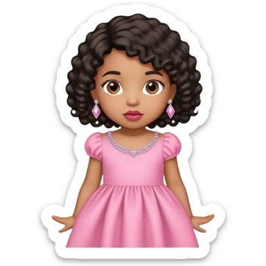 light brown skin tone, very adorable toddler, with big plump lips, long long lashes, black curly bob, brown eyes, pink dress, diamond stud earrings sticker