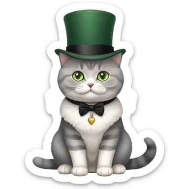 British Shorthair cat full body sitting with a top hat and green eyes sticker