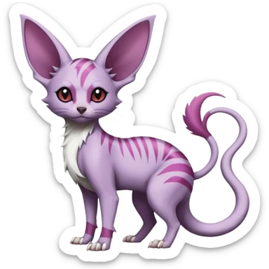 Furry, Purple, white, black, Minccino-Sphynx-Lykoi-Linoone-Zangoose-fusion-hybrid-animal-Fakémon-creature, full body, thin long sleek scaly tail, intricate markings sticker