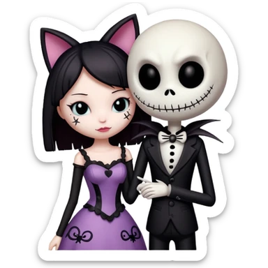 kuromi from hello kitty and jack skellington in a romantic embrace sticker