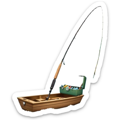 Icon for Fishing Travel: a boat on a calm lake surrounded by mountains and lush greenery, with fish jumping out of the water, a fishing rod, tackle box. The icon should capture the peaceful and adventurous nature of fishing trips. Transparent background. sticker