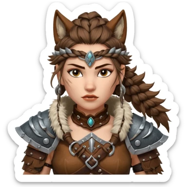 barbarian woman wolf rider portrait, head and shoulders only, fierce female warrior, fur-lined barbarian armor collar, wolf fur details, wild braided hair, intense eyes, tribal warrior vibe, fantasy style, 3D cartoon, mobile game icon style, clean background, no text, no watermark
 sticker