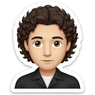 He’s a man with light to medium skin, a defined oval face, full brows, deep-set eyes, and wavy to curly dark brown hair styled with height, sides are low. expression calm and focused relaxed black open-collar shirt.polished, articulate, and professional vibe. sticker