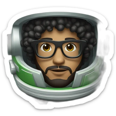 Light skin Man with black short curly hear and beard and black glasses wearing a green and white astronaut suit and helmet sticker