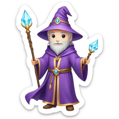 Clash of Clans aesthetic: Cinematic heroic powerful Wizard Hero Emoji, rendered in a 3D vector-style similar to standard emojis with minimal shading and bold, simplified shapes. A compact, isometric figure draped in flowing enchanted robes and wielding a mystical staff, softly glowing with an arcane magical charm. Simplified yet unmistakably iconic, highly detailed and consistent, glowing with a soft radiant glow and high shine. Stylized with a touch of whimsical sorcery and a soft glowing outline, capturing the essence of a powerful wizard ready to cast spells with a friendly, playful spirit! sticker