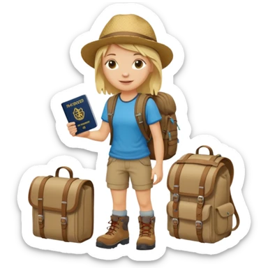 blonder haired Traveler character with passport, backpacker,  sticker