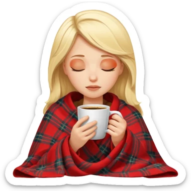 Blonde girl inside a blanket sipping coffee eyes closed sticker