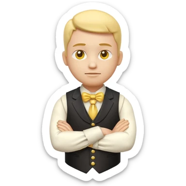 3d yellow emoji character with crossed arms and determined loving expression, wearing victorian waistcoat, shiny early 2000s 3d render, plain white background sticker