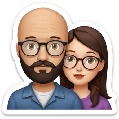 Couple. Bald man with dark brown-black beard. White woman with many small, faded freckles, she has white skin and she has auburn-brown-cinnamon, dark long hair. She has light brown eyes. The man have hazel eyes and the man wear glass. She have light eyes. Retro style. She kisses him. sticker