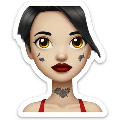 Pale black haired girl with black tattoos on body wearing red lipstick  sticker