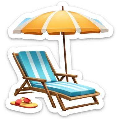 Icon for Beach Tourism: a sandy beach with a ocean skyline in the background, lounge chair, sun umbrella and flip-flops. The icon should capture the relaxation and fun of a beach vacation. Transparent background sticker