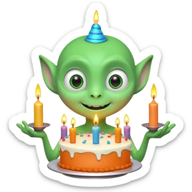 A cute friendly alien holding a birthday cake with candles, big expressive eyes, bright colors, cartoon style, playful atmosphere, 3D animated look, Pixar-inspired, highly detailed
 sticker