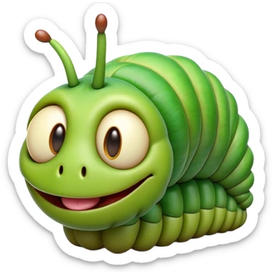Cinematic Realistic Comical Caterpillar Portrait Emoji, Head tilted dramatically with an exaggeratedly amused expression, featuring a strikingly detailed segmented body in vibrant green with bold natural banding and wide, expressive eyes full of playful disbelief, rendered with lifelike texture and vivid natural colors, high shine, dramatic yet playful, styled with an air of cheeky garden mischief, soft glowing outline, capturing the essence of a spirited and over‐the‐top caterpillar that looks ready to wiggle its way into viral fame! sticker