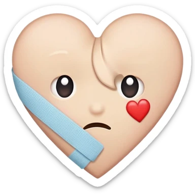 An emoji-style illustration of a broken heart with a cute bandage or patch on it. Soft colors, slightly sad but hopeful expression, in a simple and clean cartoon style sticker