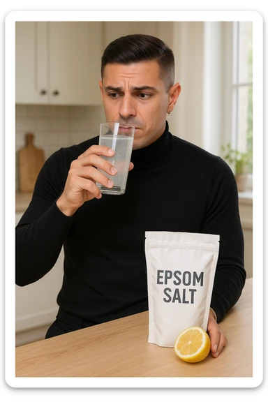 A realistic, bright photo-style image of a young man in his 30s standing in his kitchen, holding a clear glass filled with water in which Epsom salt (magnesium sulfate) has been dissolved. He looks focused but slightly uncertain as he prepares to drink it for a liver flush or digestive cleanse. The glass shows slight cloudiness from the dissolved salt. On the counter are a packet labeled 'Epsom Salt' and a sliced lemon, suggesting he might use it to mask the taste. The setting is clean, natural, and bright with neutral tones. The background shows sunlight streaming through a window, emphasizing a clean, minimalist health-focused environment. The mood conveys a realistic, calm moment of self-care with a hint of discomfort, illustrating a natural detox practice sticker