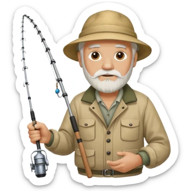 an old white haired, bearded man in fisherman attire, sat in a big boat on the ocean, holding one fishing rod in one hand, with the end of the fishing line touching the water sticker