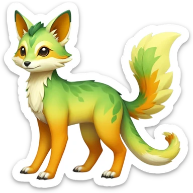 Rare realistic exotic warm-green warm-orange warm-yellows pastel gradients cute epic pretty beautiful handsome gorgeous aesthetic colorful vibrant Vernid-Trico-species-Fakemon-creature by LiLaiRa, 4 legs, 1 tail, random markings, (full body) sticker