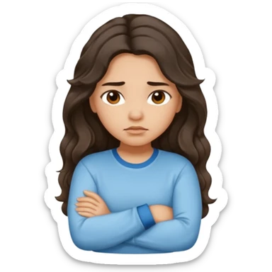 Hispanic light tan girl with long dark wavy hair pouting and arms crossed. Wearing a long sleeve. Hair with middle part. sticker
