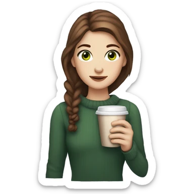 white girl with brown hair green eyes and freckles holding hot chocolate sticker