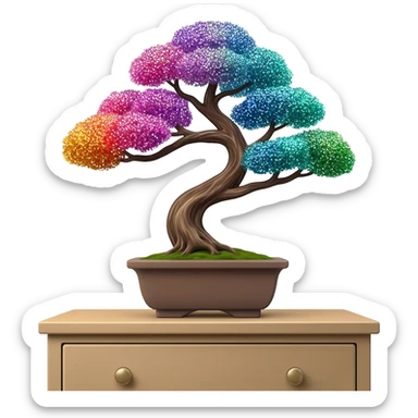  Colorful Shiny sparkly glittery beautiful elegant pretty precious divine Japanese bonsai tree in a pot on a dresser beautiful aesthetic scenery  sticker