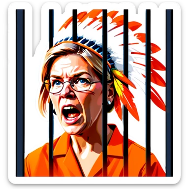 Make a picture of Senator Elizabeth Warren wearing an orange jumpsuit and an Indian headdress behind bars make her look worried but only about herself more realistic sticker