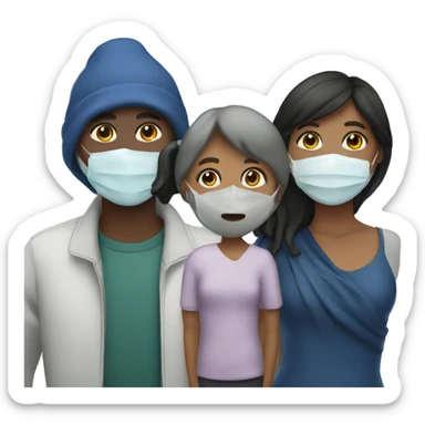group of 3 people with one of them wearing a face covering mask sticker