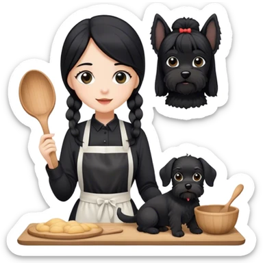 pale girl with long black hair wearing black long shirt wearing apron and baking holding black floppy ear schnauzer sticker