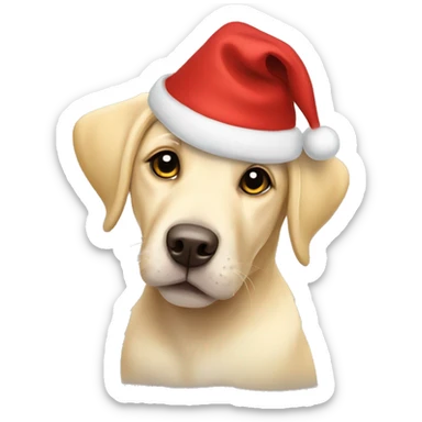 A yellow lab puppy with a christmas hat sticker