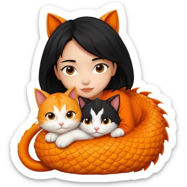 black-hair-girl snuggle with dragon lee cat sticker