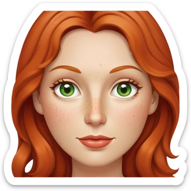 Lady, age 38, strawberry ginger, Long slightly wavy hair, a few frackels on the nose, slim face, slim upper lip, grey/brown/green eyes. sticker