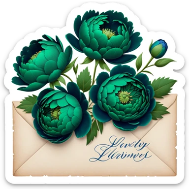 A charming arrangement of deep green peonies placed beside an old love letter with an intricate navy blue wax seal. sticker
