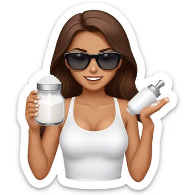 sassy woman with long brown hair, tan skin, and dark sunglasses holding a salt shaker filled with white table salt. She is sprinkling the salt out from the shaker with a smirking expression sticker