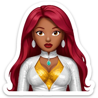 Megan Thee Stallion with long dark red hair, white sequin outfit sticker