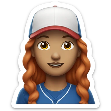front facing standing up female coach with long red hair, wearing a white t-shirt and a simple baseball blue hat sticker