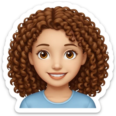 chica con piel clara sonriendo, ojos marrones y pelo marrón con rulos sticker