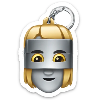 
metal billet with face holding a keychain sticker