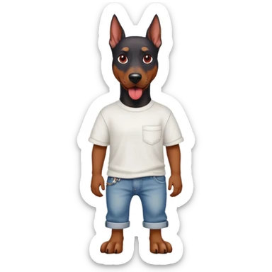 Generate a emoji of a big evil doberman dog with red eyes and a tongue sticking out, give the doberman a human body with a white shirt and baggy jeans, make the doberman have piercings sticker