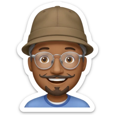 Brown man smiling no teeth showing with hat, clear glasses and gray goatee sticker