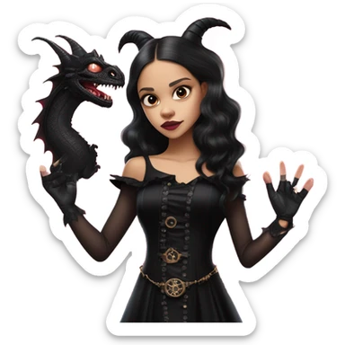 healthy standing flirty Lavish black evening gown with see-through gloves, Jenna Ortega as Addams woman wearing a steampunk mini tiara, very large blood moon pink evil-looking horned old dragon sticker