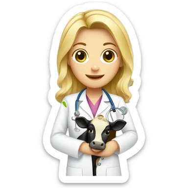 a blonde girl veterinarian with a cow sticker