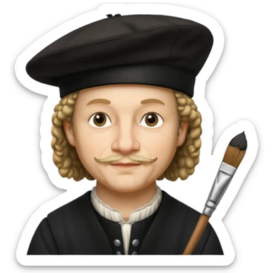 Rembrandt wear black beret hat, hold a brush sticker