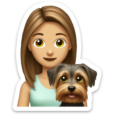 Girl with brown hair and green eyes is holding a silky terrier dog  sticker