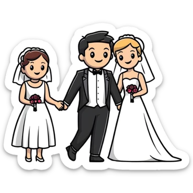 Person in fancy clothes sneaking into a wedding ceremony with a mischievous grin, uninvited guest sticker