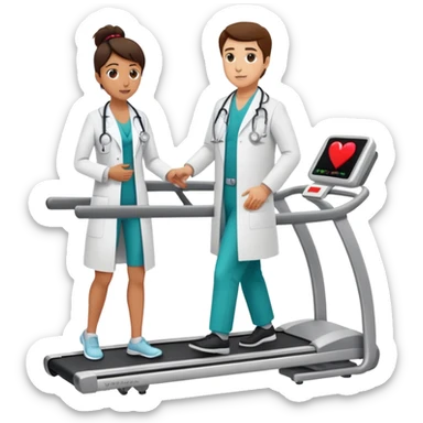 patient on a treadmill with a heart monitor, and a doctor standing nearby supervising, not running sticker