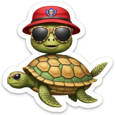 Make a military turtle with a boat in its hands, wearing trump sunglasses sticker