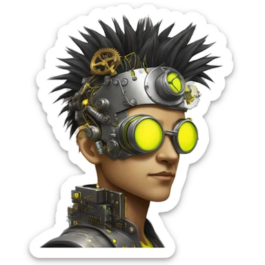 Neon yellow Mohawk hair Asian male cyborg head with silver steampunk goggles and circuits sticker