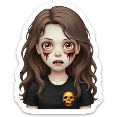 crie um emoji de uma garota zoombie cabelo castanho e longo , assustadora e fofa com cabelo ondulado 2b e camiseta básica preta sticker