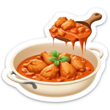 Cinematic Realistic Butter Chicken Dish Emoji, depicted with tender chicken simmered in a creamy tomato‚Äêbased sauce rendered with rich textures and dynamic, appetizing lighting. sticker