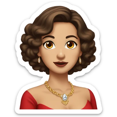 brunette woman with curly dark brown hair length to mid back. hair E parted on the left side. hair with more volume on the straight side. dark eyes. dressed in red sash top. wearing a golden necklace and a diamond tip. busty. medium size eyes sticker